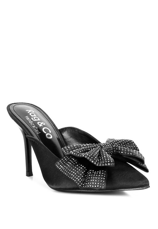 ELISDA Black Diamante Bow Heeled Mules - A&S All things Glam Boutique