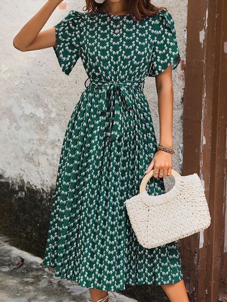 Printed Short Sleeve Midi Dress