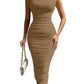 Sexy Bodycon High Neck Sleeveless Ruched Midi Cocktail Party Dress