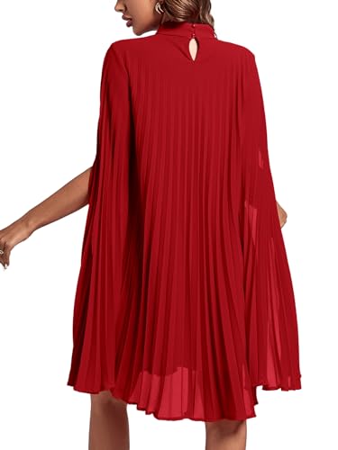 Rooscier Women's Mock Neck Cloak Sleeve Pleated Keyhole Back Flowy Party Midi Dress