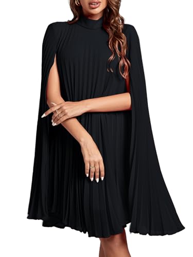 Rooscier Women's Mock Neck Cloak Sleeve Pleated Keyhole Back Flowy Party Midi Dress