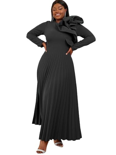 AOMEI Women's Long Sleeve with Asymmetrical Ruffles Pleated A-Line Maxi Dress