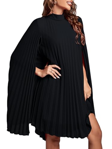 Rooscier Women's Mock Neck Cloak Sleeve Pleated Keyhole Back Flowy Party Midi Dress