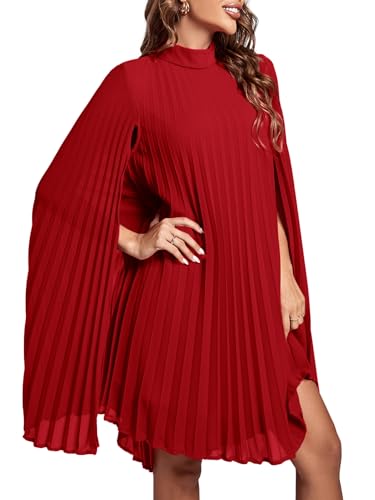 Rooscier Women's Mock Neck Cloak Sleeve Pleated Keyhole Back Flowy Party Midi Dress