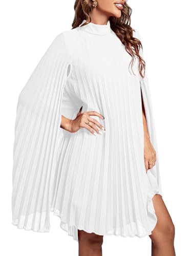 Rooscier Women's Mock Neck Cloak Sleeve Pleated Keyhole Back Flowy Party Midi Dress