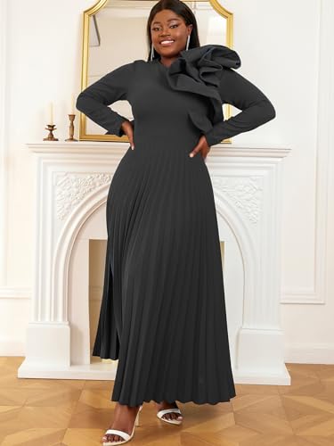 AOMEI Women's Long Sleeve with Asymmetrical Ruffles Pleated A-Line Maxi Dress