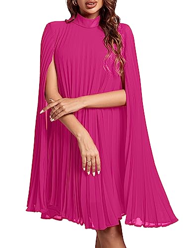 Rooscier Women's Mock Neck Cloak Sleeve Pleated Keyhole Back Flowy Party Midi Dress