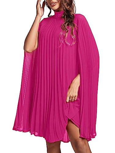 Rooscier Women's Mock Neck Cloak Sleeve Pleated Keyhole Back Flowy Party Midi Dress