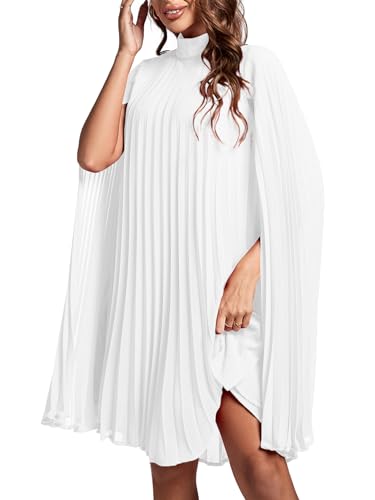 Rooscier Women's Mock Neck Cloak Sleeve Pleated Keyhole Back Flowy Party Midi Dress