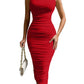 Sexy Bodycon High Neck Sleeveless Ruched Midi Cocktail Party Dress