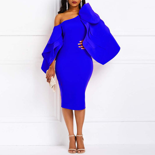 Ruffle Sleeve Off Shoulder Evening Dress