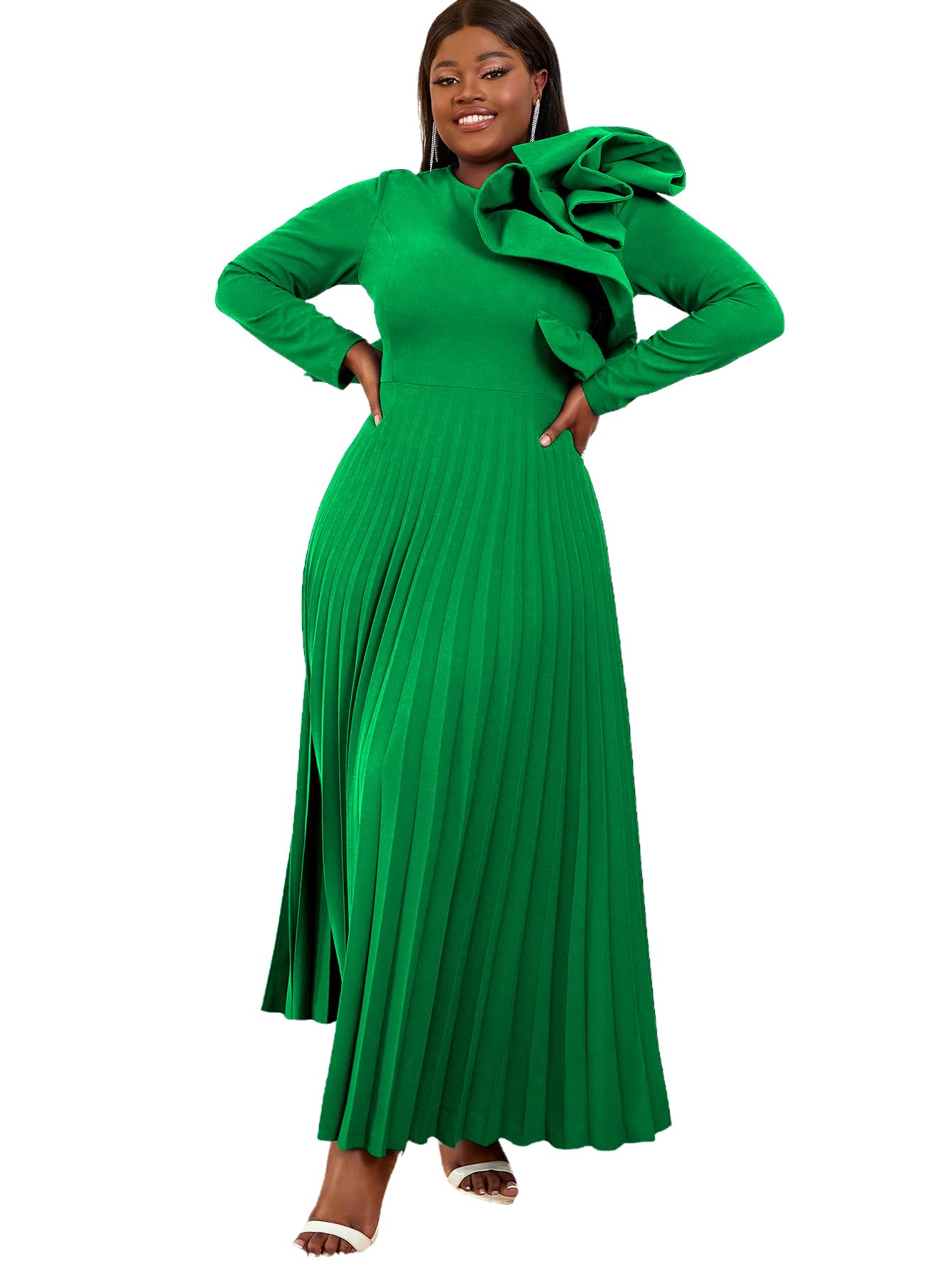 AOMEI Women's Long Sleeve with Asymmetrical Ruffles Pleated A-Line Maxi Dress