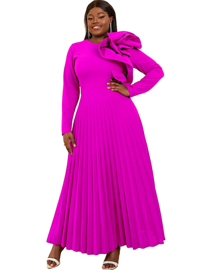 AOMEI Women's Long Sleeve with Asymmetrical Ruffles Pleated A-Line Maxi Dress