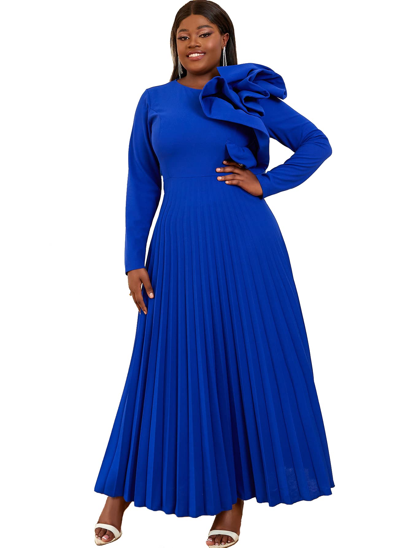 AOMEI Women's Long Sleeve with Asymmetrical Ruffles Pleated A-Line Maxi Dress