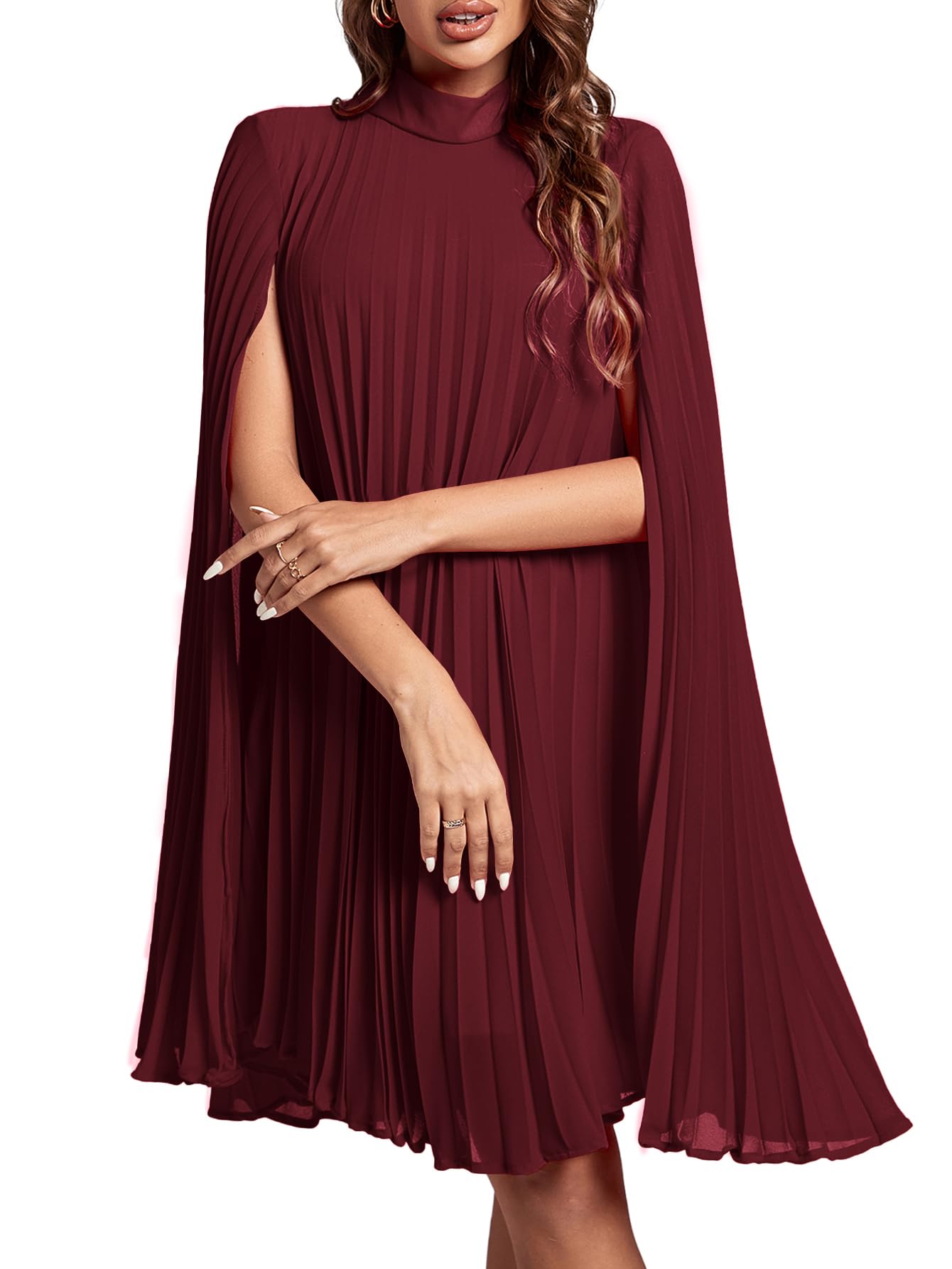 Rooscier Women's Mock Neck Cloak Sleeve Pleated Keyhole Back Flowy Party Midi Dress