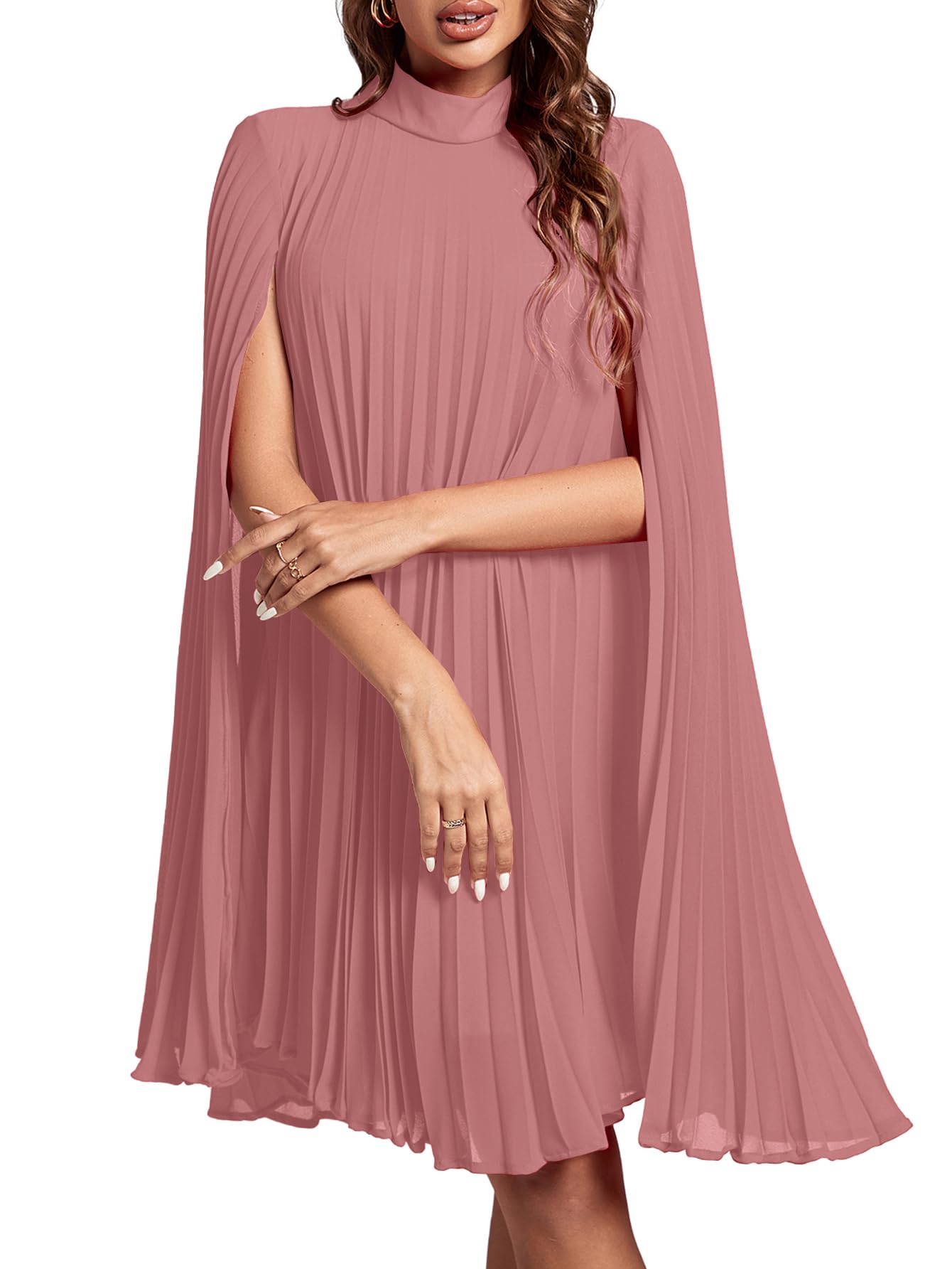 Rooscier Women's Mock Neck Cloak Sleeve Pleated Keyhole Back Flowy Party Midi Dress