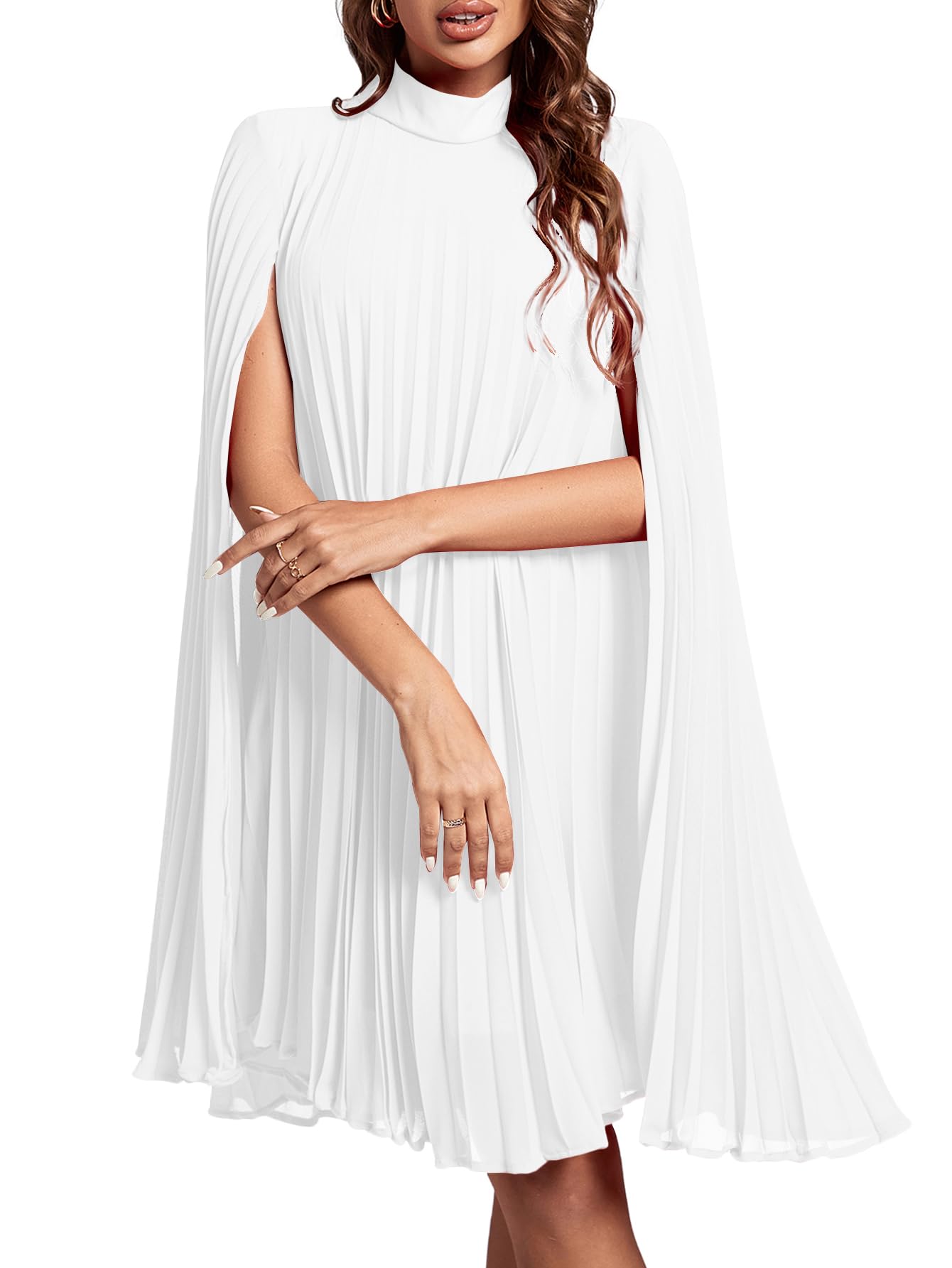 Rooscier Women's Mock Neck Cloak Sleeve Pleated Keyhole Back Flowy Party Midi Dress