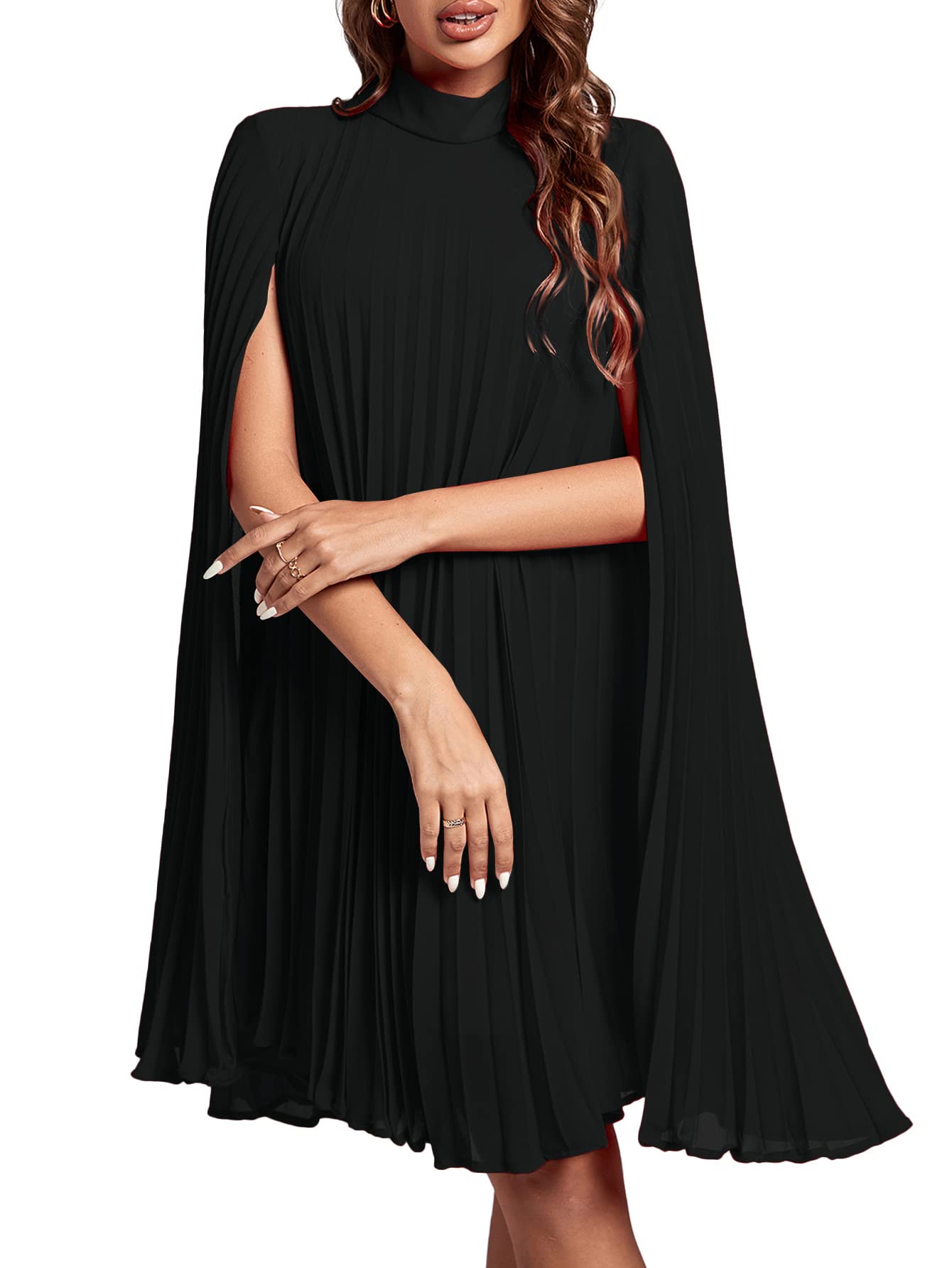 Rooscier Women's Mock Neck Cloak Sleeve Pleated Keyhole Back Flowy Party Midi Dress