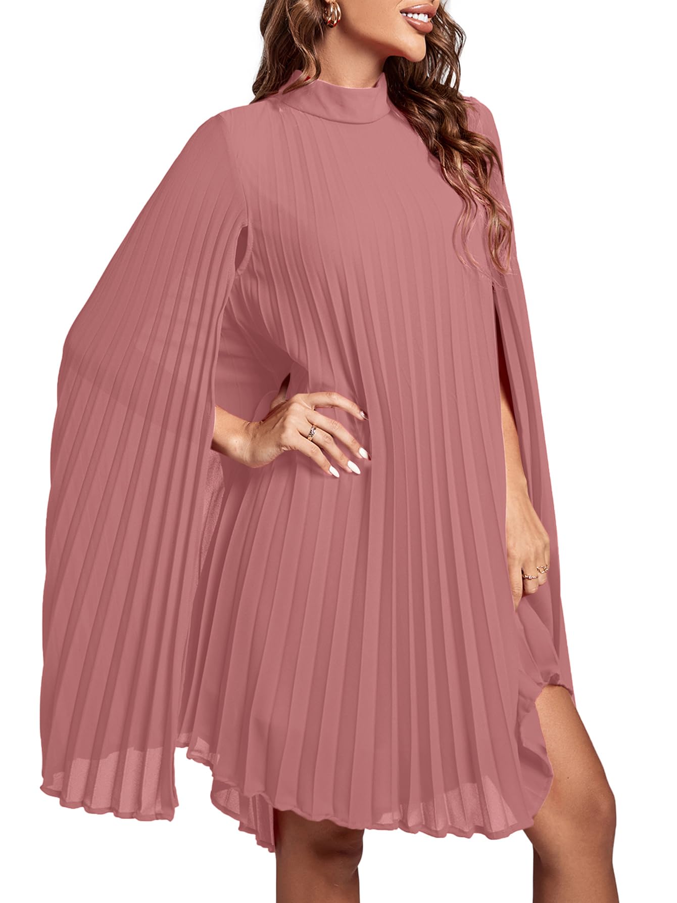 Rooscier Women's Mock Neck Cloak Sleeve Pleated Keyhole Back Flowy Party Midi Dress