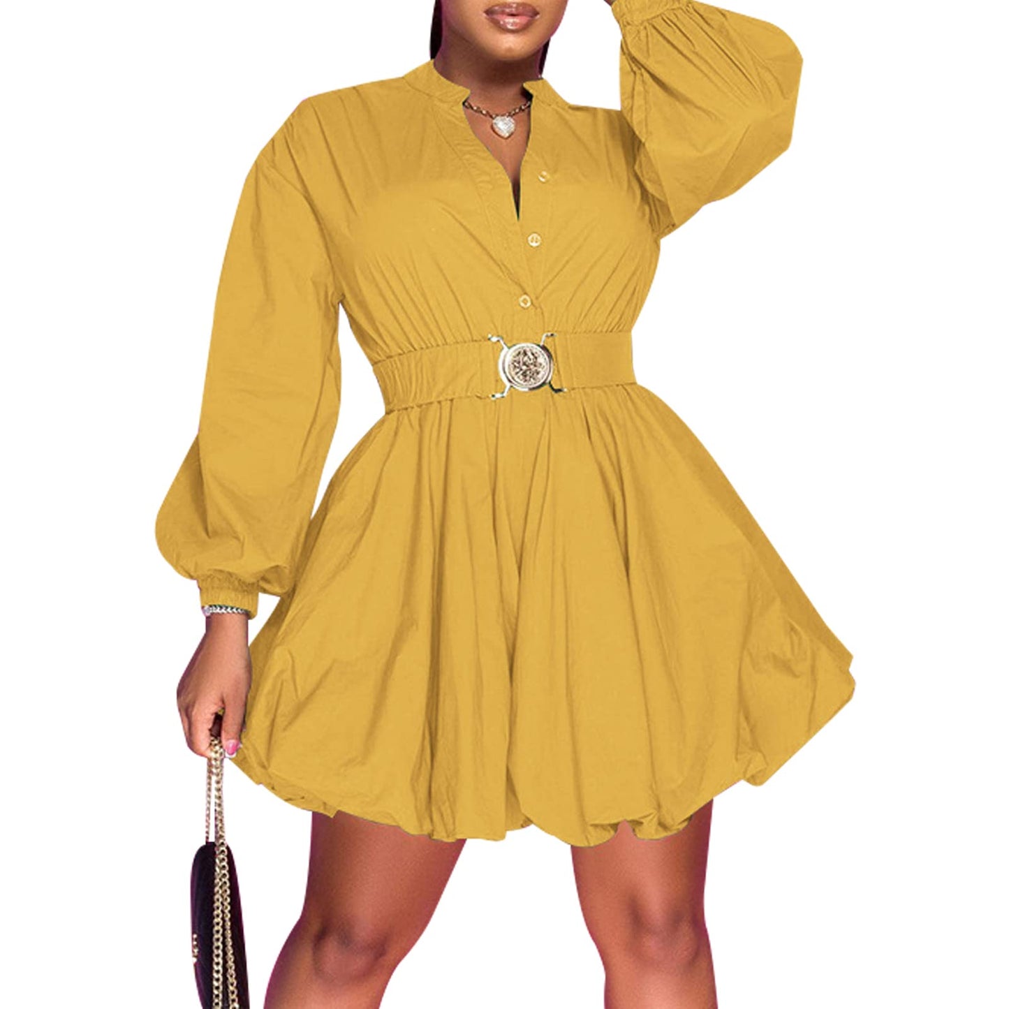 Casual Puffy Short Mini Dress with Belt