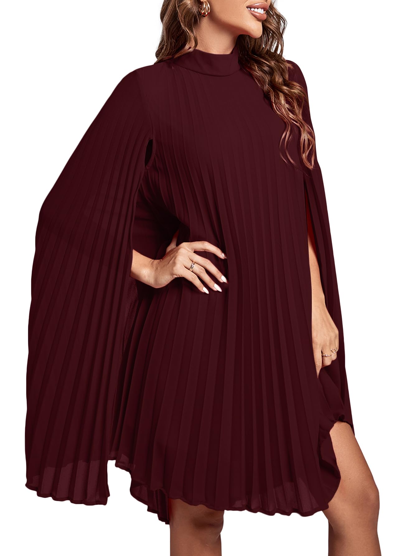 Rooscier Women's Mock Neck Cloak Sleeve Pleated Keyhole Back Flowy Party Midi Dress