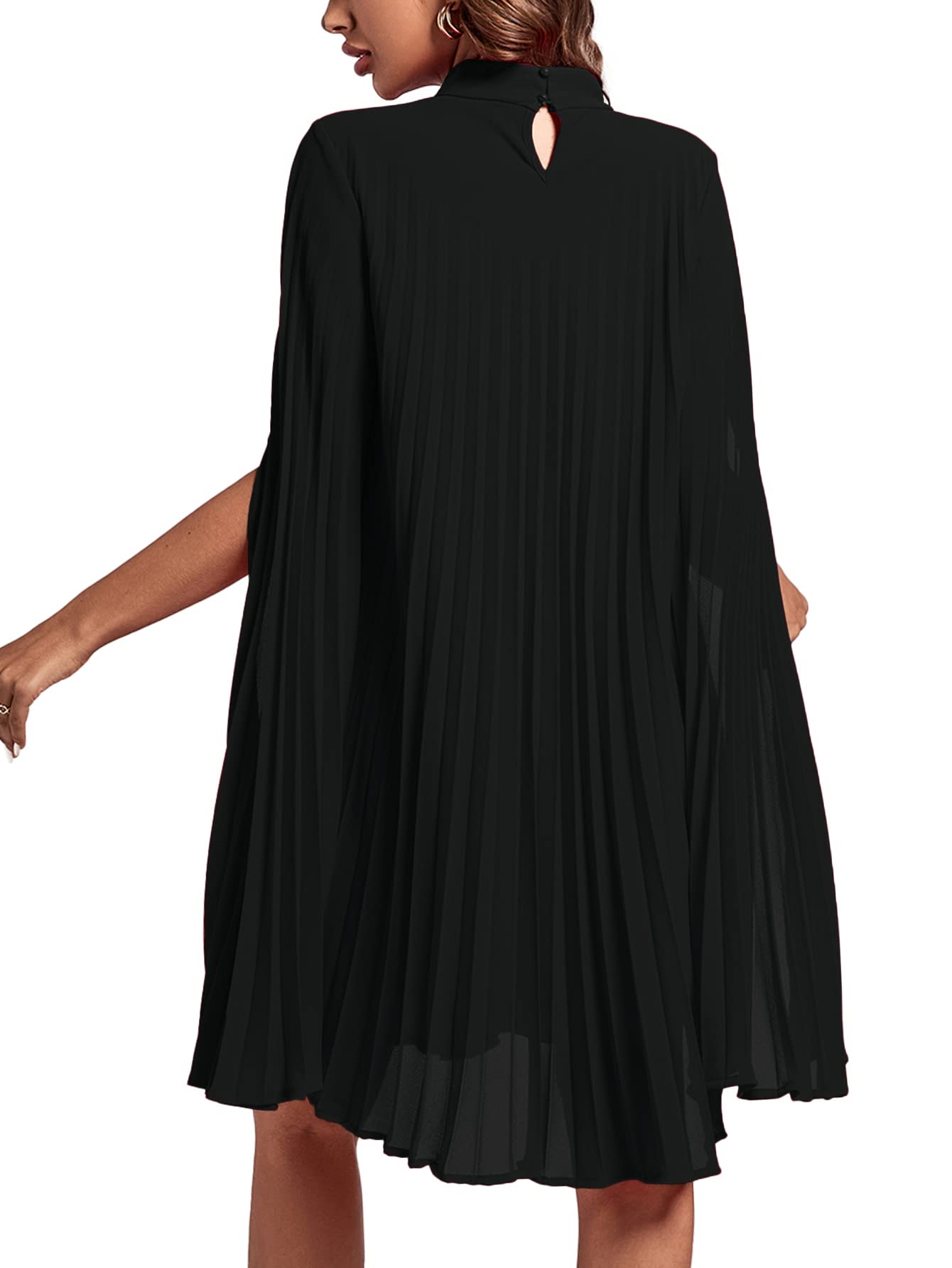 Rooscier Women's Mock Neck Cloak Sleeve Pleated Keyhole Back Flowy Party Midi Dress