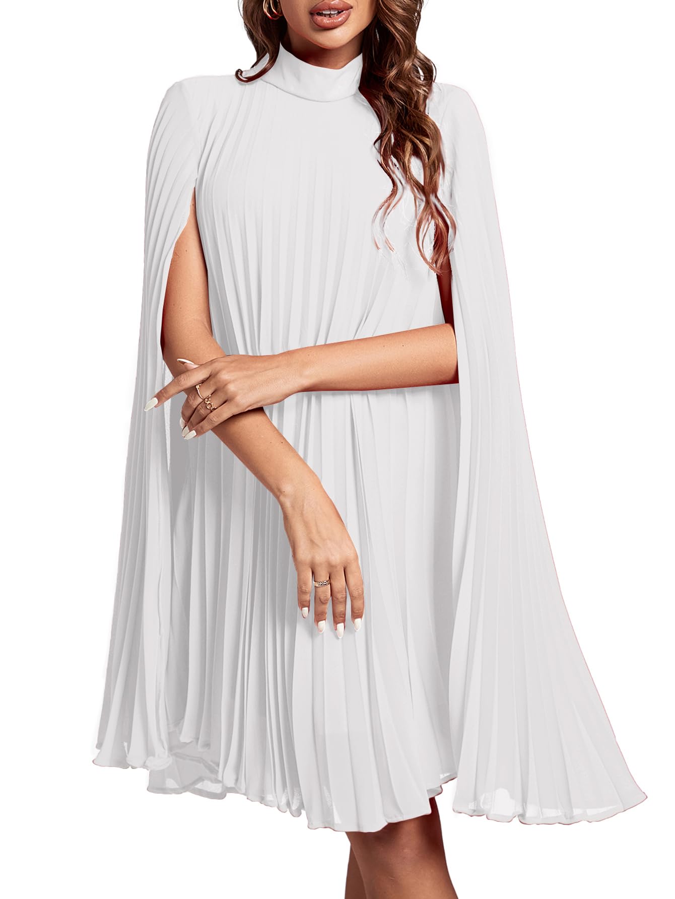 Rooscier Women's Mock Neck Cloak Sleeve Pleated Keyhole Back Flowy Party Midi Dress