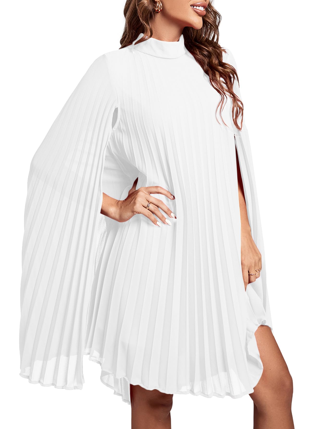 Rooscier Women's Mock Neck Cloak Sleeve Pleated Keyhole Back Flowy Party Midi Dress