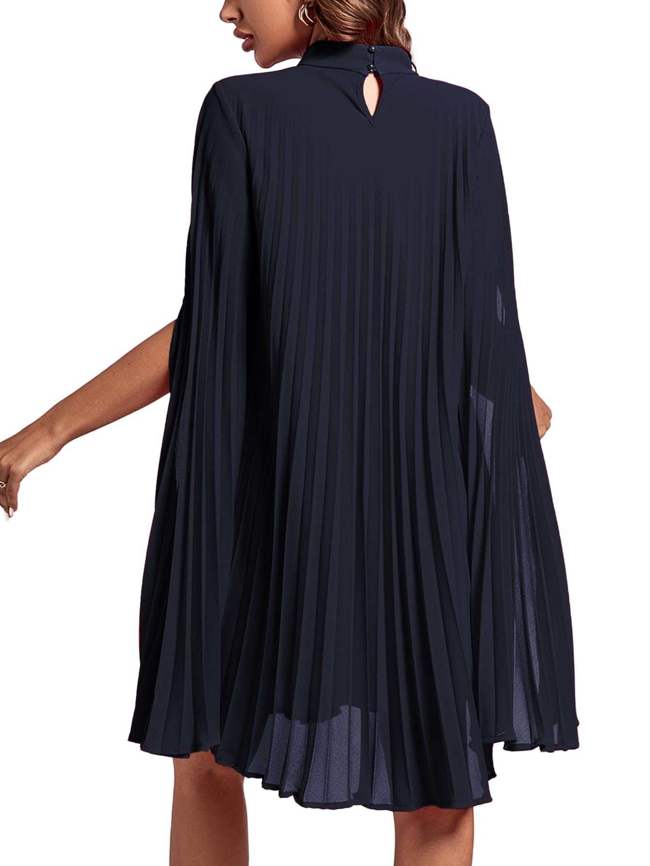 Rooscier Women's Mock Neck Cloak Sleeve Pleated Keyhole Back Flowy Party Midi Dress