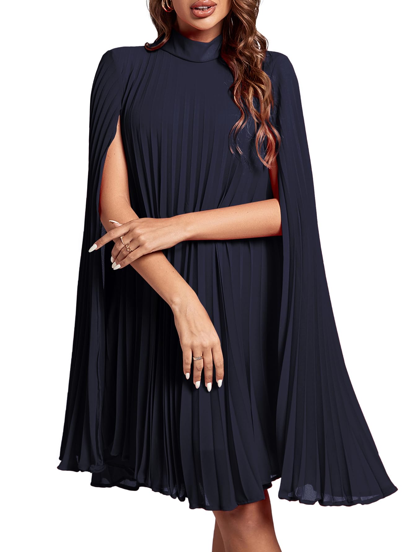 Rooscier Women's Mock Neck Cloak Sleeve Pleated Keyhole Back Flowy Party Midi Dress