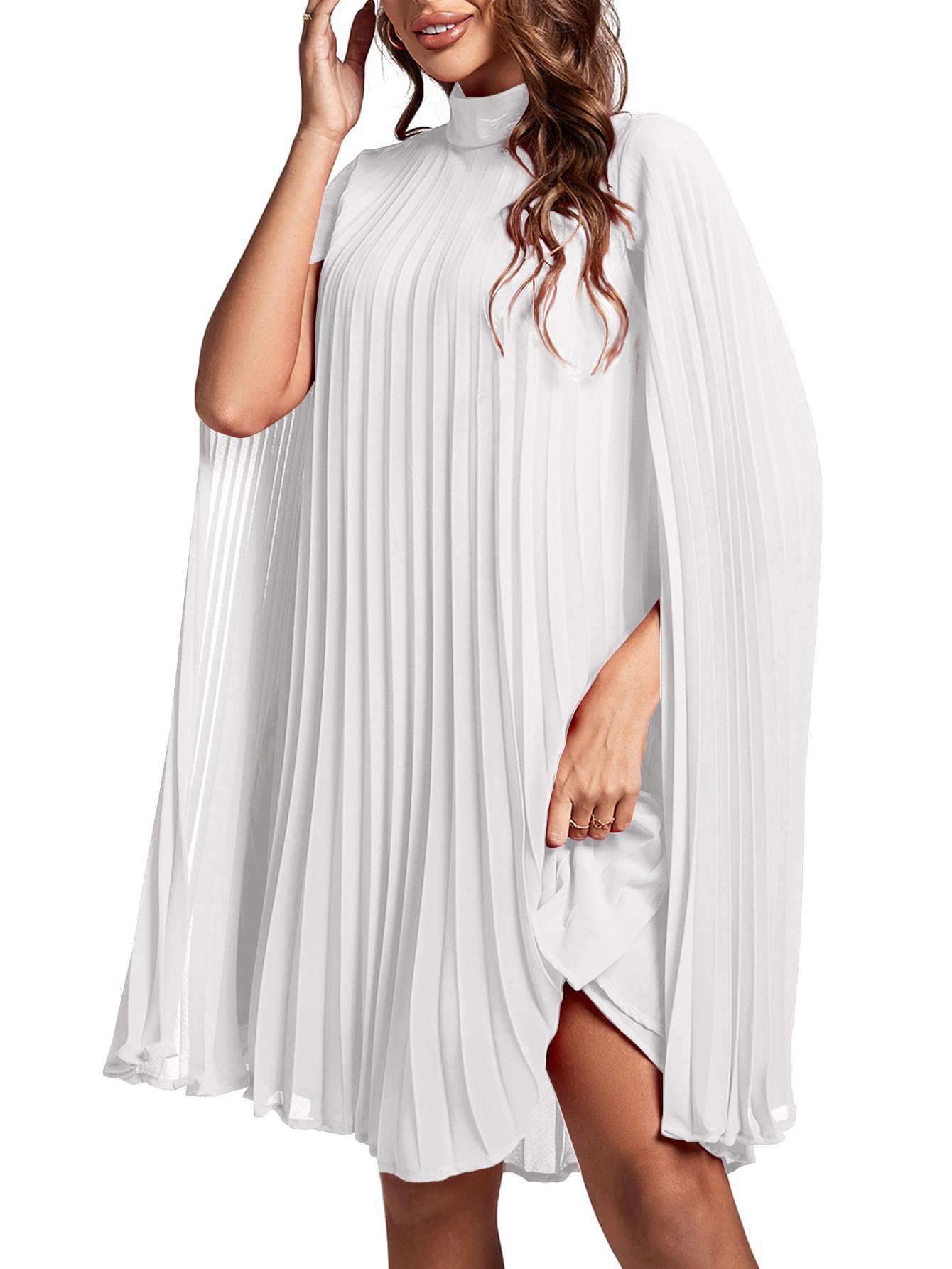 Rooscier Women's Mock Neck Cloak Sleeve Pleated Keyhole Back Flowy Party Midi Dress