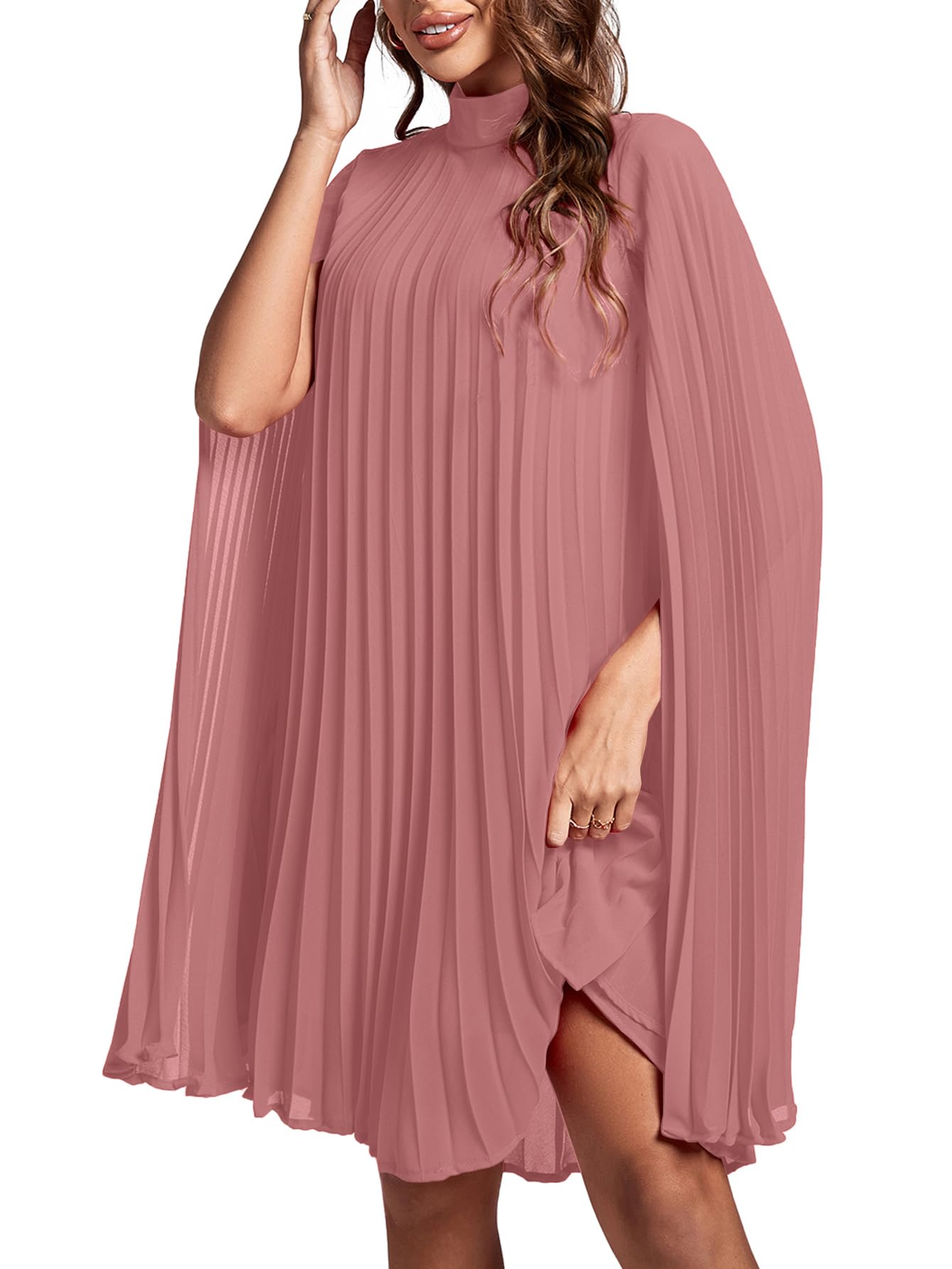 Rooscier Women's Mock Neck Cloak Sleeve Pleated Keyhole Back Flowy Party Midi Dress