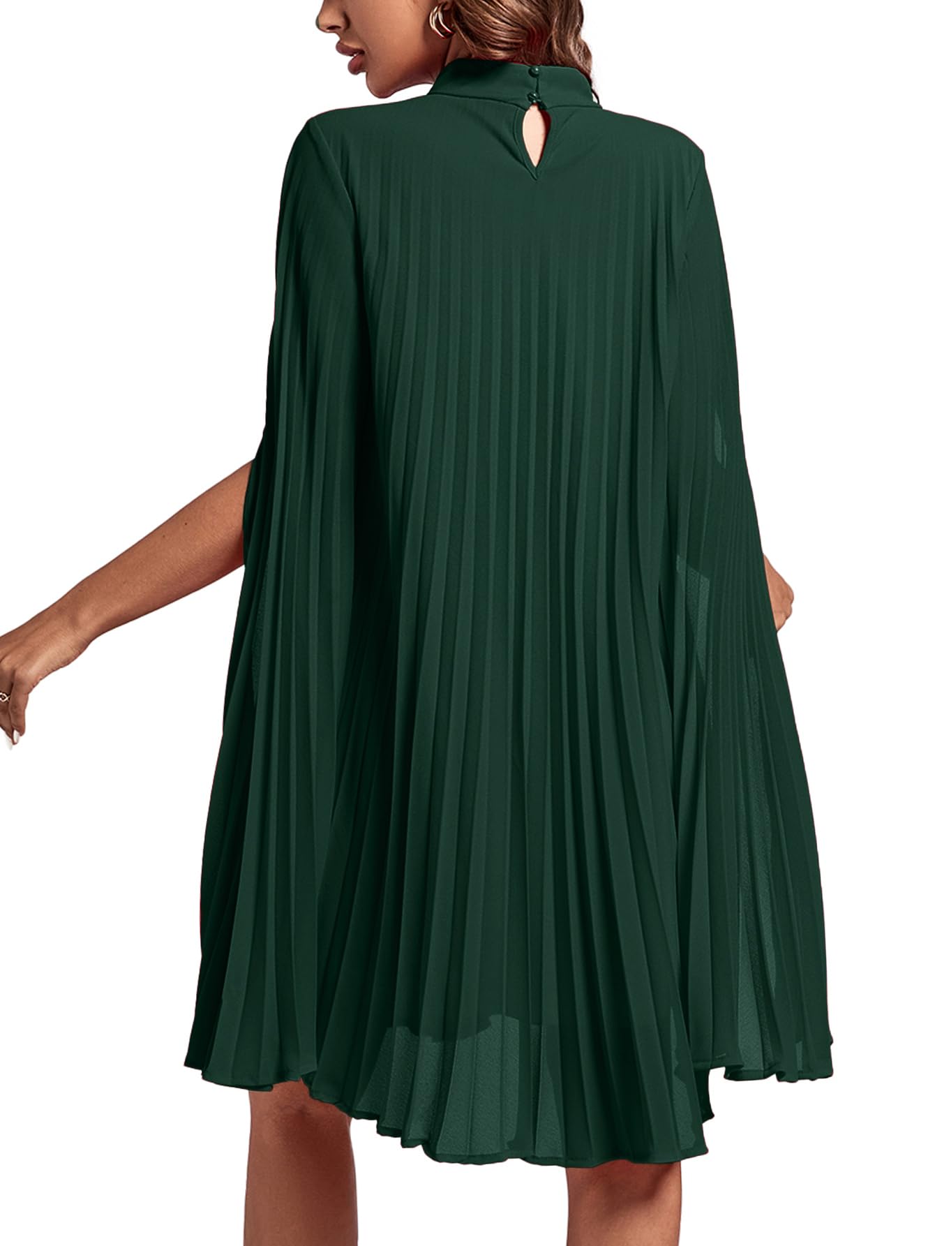 Rooscier Women's Mock Neck Cloak Sleeve Pleated Keyhole Back Flowy Party Midi Dress