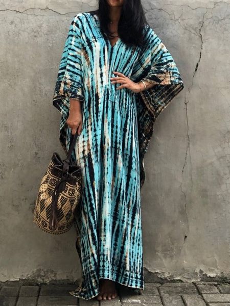 Blue Striped Gradient Long Dress Beach Cover-up Resort Robe Bikini Swimsuit Cover-up Sunscreen Shirt HEL4ZSVNAS