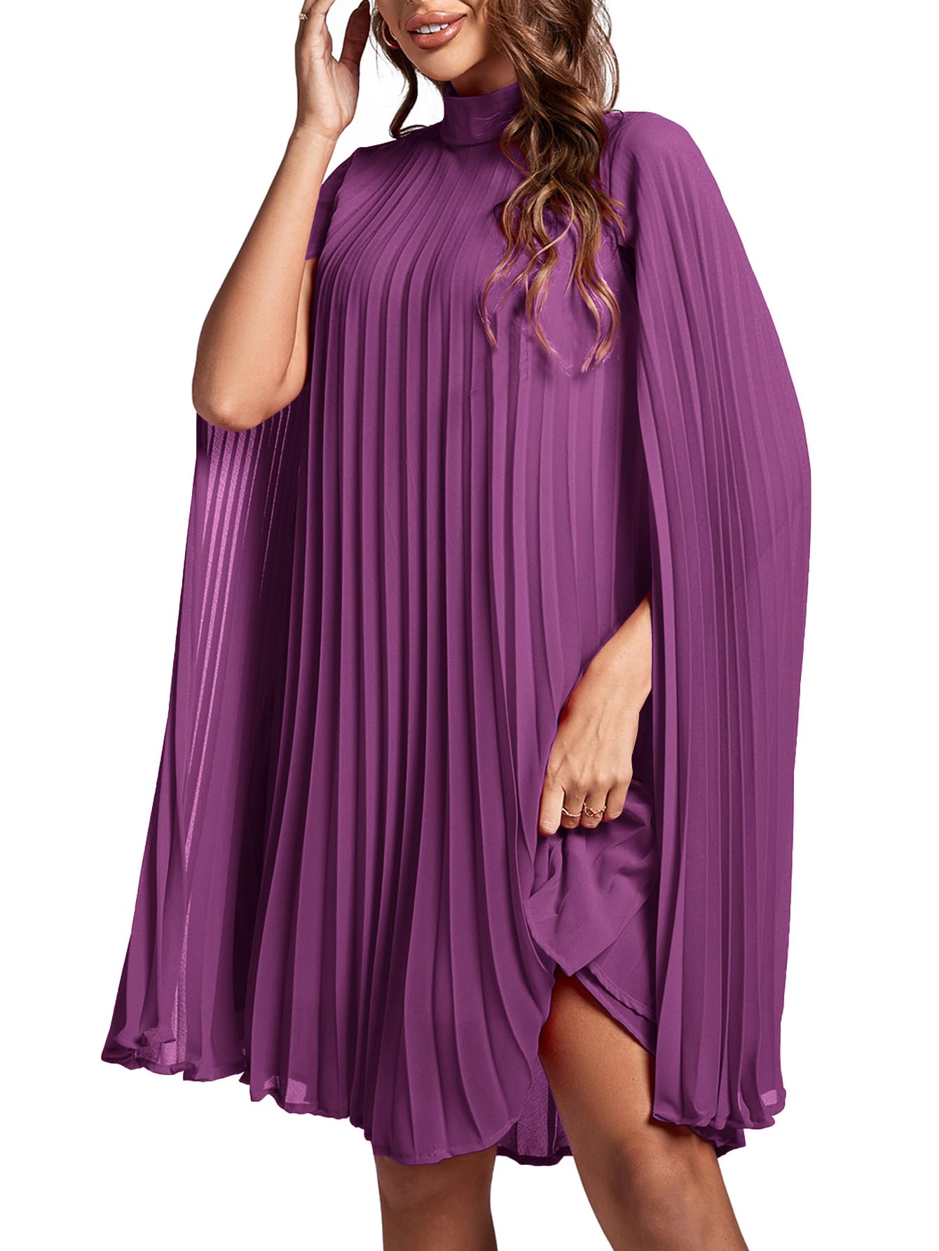 Rooscier Women's Mock Neck Cloak Sleeve Pleated Keyhole Back Flowy Party Midi Dress