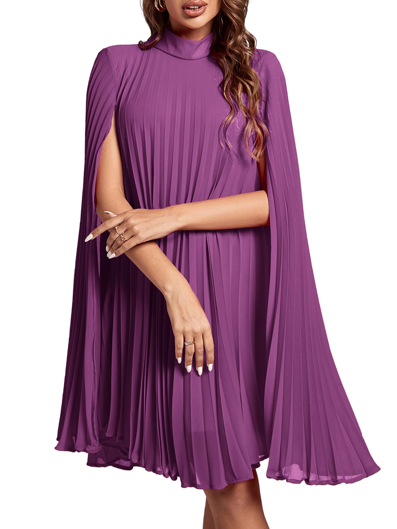 Rooscier Women's Mock Neck Cloak Sleeve Pleated Keyhole Back Flowy Party Midi Dress