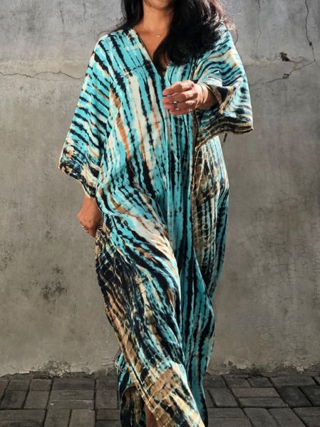 Blue Striped Gradient Long Dress Beach Cover-up Resort Robe Bikini Swimsuit Cover-up Sunscreen Shirt HEL4ZSVNAS