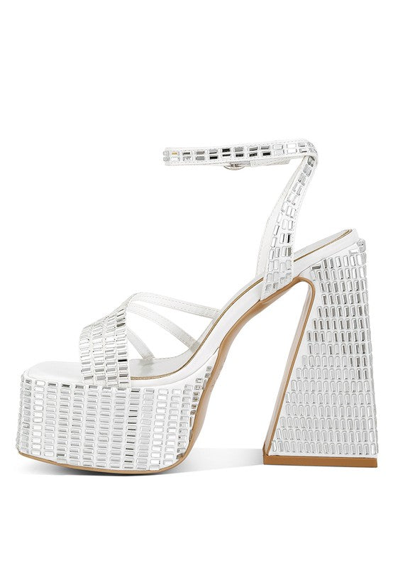 Lustrous Mirror Embellished Flare Heel Sandals - A&S All things Glam Boutique