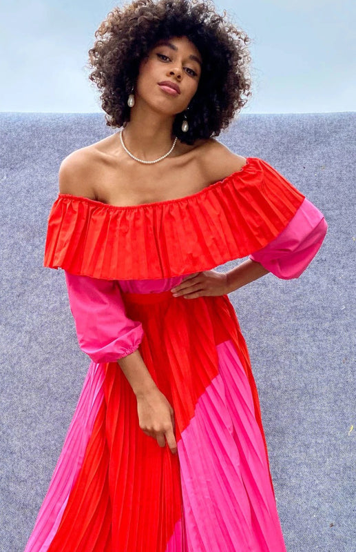 Off-The-Shoulder Colorblock Dress