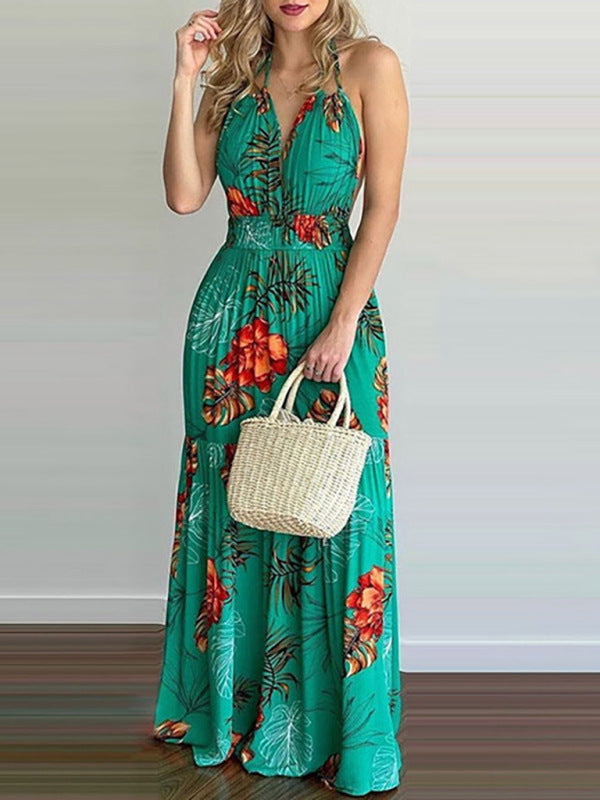 Halterneck Tie V-neck Floral Print Open-back Maxi Dress