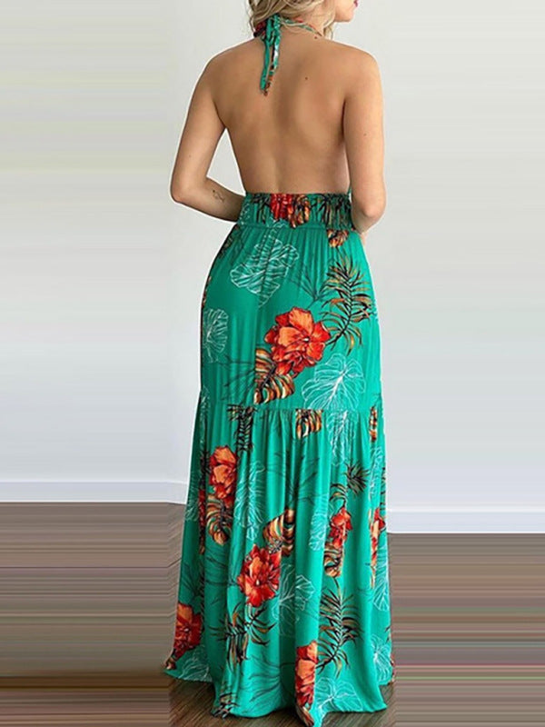 Halterneck Tie V-neck Floral Print Open-back Maxi Dress