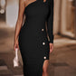 Women's fashion slant shoulder solid color button hip dress