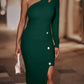 Women's fashion slant shoulder solid color button hip dress