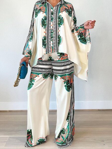 Autumn New Fashion Printed Collared Bat Sleeve Loose Top and Wide-legged Pants Two-piece Set. HWFQRV2LV2 A&S All things Glam Boutique